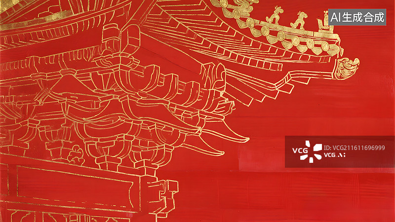 【AI数字艺术】工笔线描红金国画，中国传统建筑斗拱结构图片素材