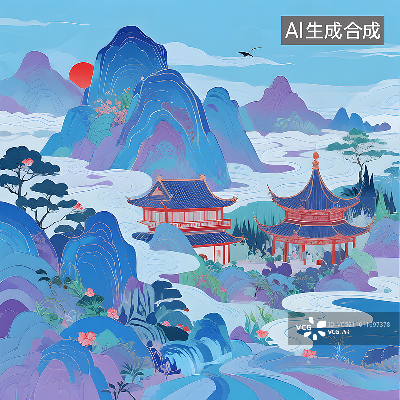 【AI数字艺术】中国风山水彩绘红日楼阁春日图片素材
