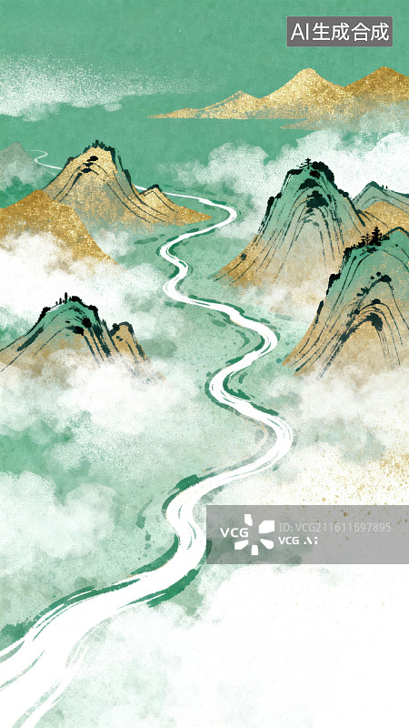 【AI数字艺术】山水云雾中的蜿蜒河流图片素材