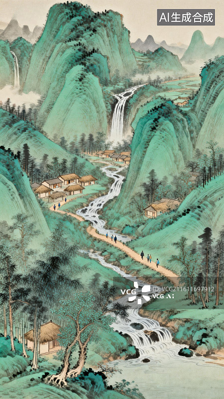 【AI数字艺术】山水画卷中的溪流村落图片素材