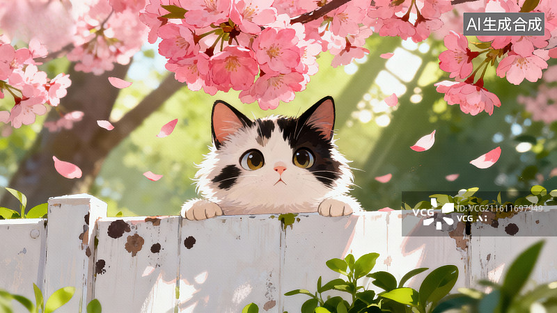 【AI数字艺术】猫咪探头樱花树下图片素材