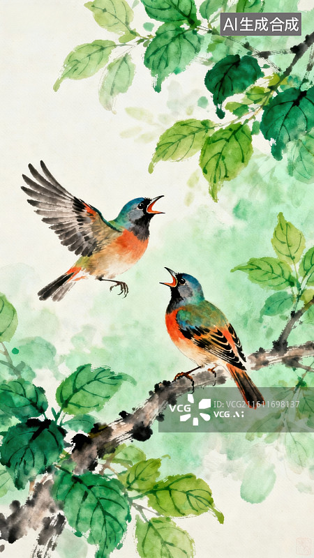【AI数字艺术】两只鸟在枝头鸣叫图片素材