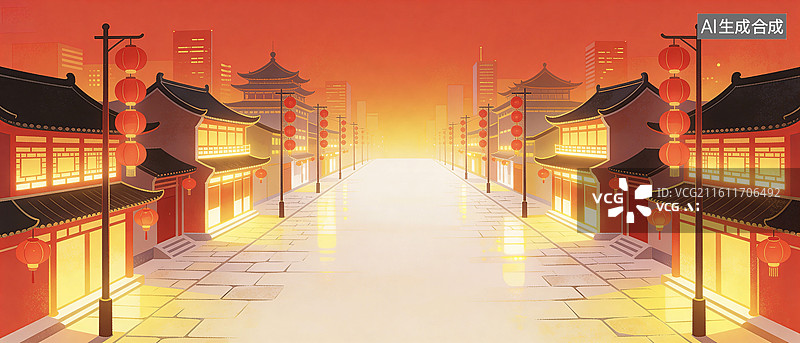 【AI数字艺术】中国传统文化中式古代建筑孔明灯背景插画图片素材