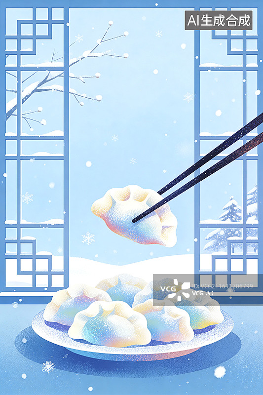 【AI数字艺术】冬天冬至立冬大寒小寒元宵节春节新年筷子夹起饺子海报底图插画图片素材