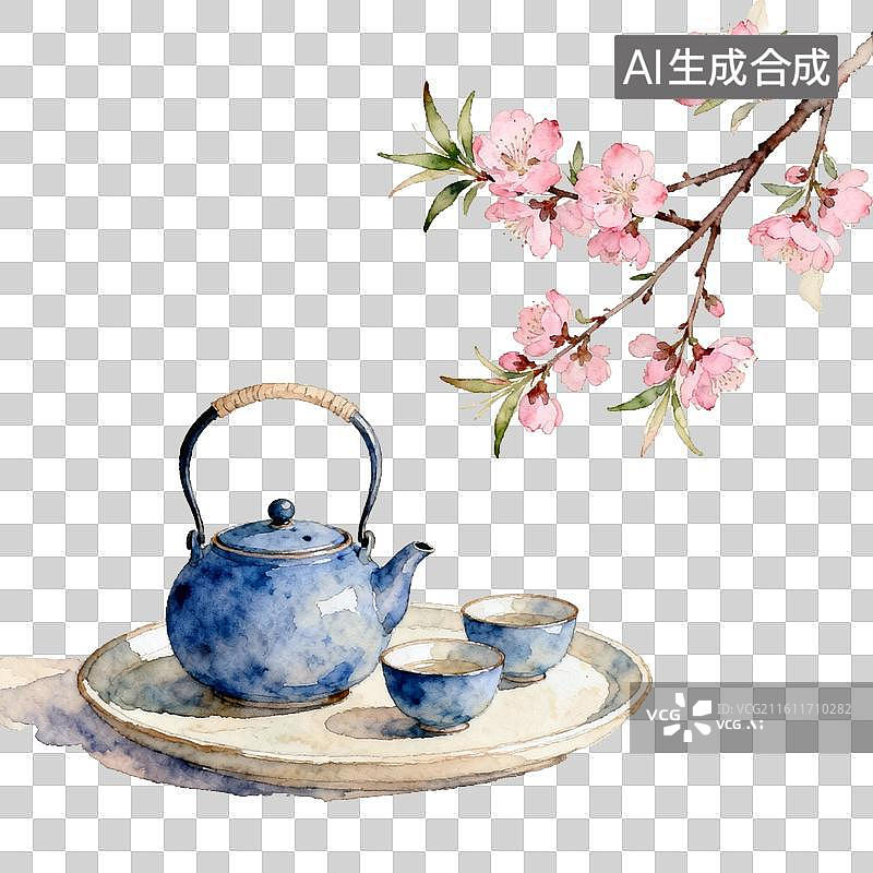 【AI数字艺术】青花茶具水墨风中式茶歇场景图片素材
