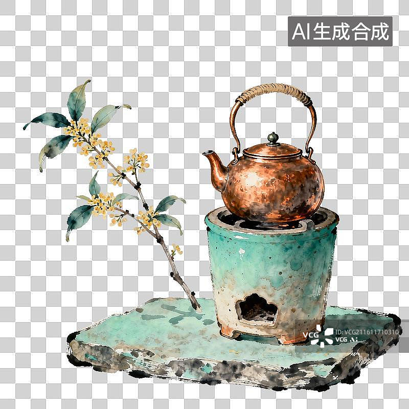 【AI数字艺术】铜质茶壶复古风中式茶歇场景图片素材