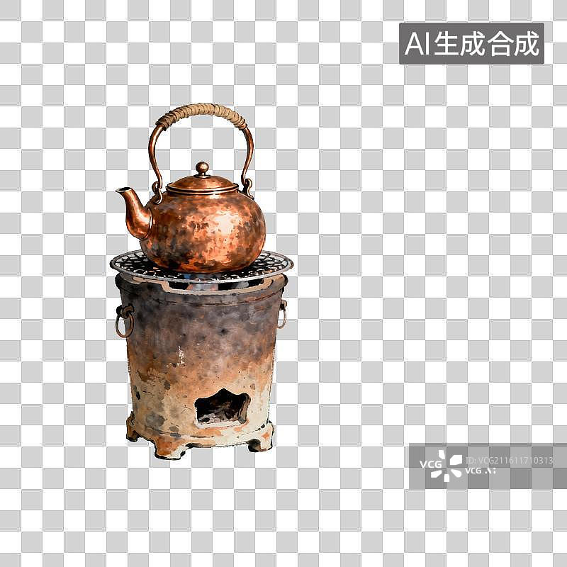 【AI数字艺术】铜质茶壶复古风中式茶歇场景图片素材