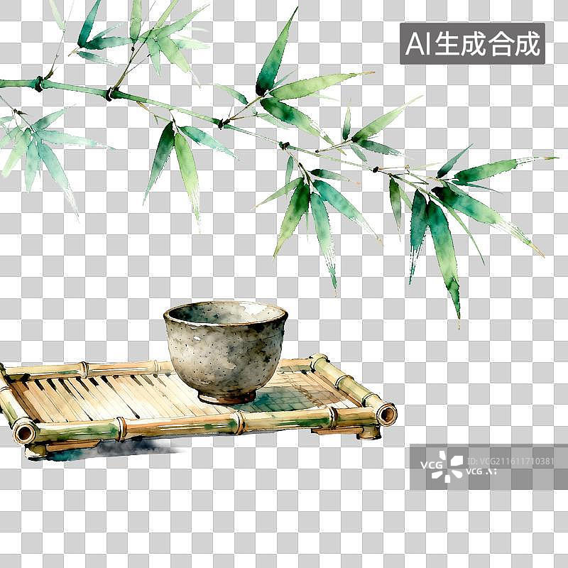 【AI数字艺术】陶杯竹席禅意风中式茶歇场景图片素材