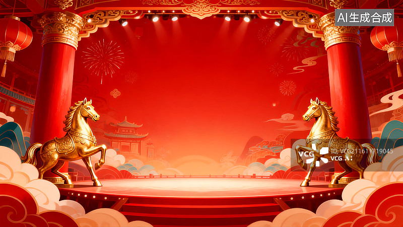【AI数字艺术】中国风新年红色舞台背景图片素材