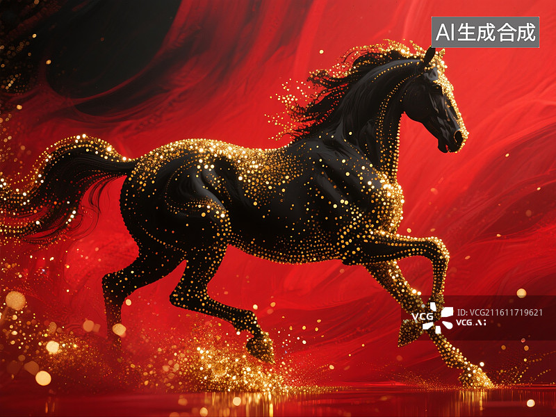 【AI数字艺术】红色背景上奔跑的马，黑马，十二生肖，马年，背景图，壁纸图片素材