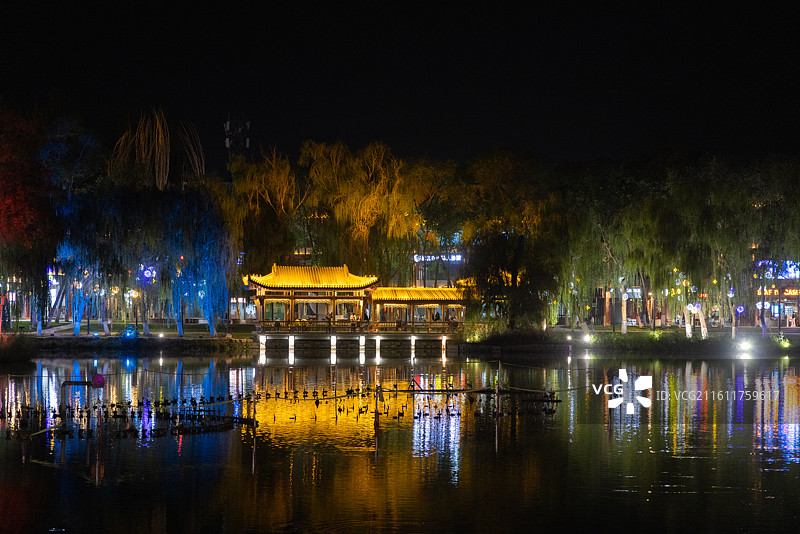 甘肃张掖甘州区 甘泉公园芦苇湖夜景风光图片素材