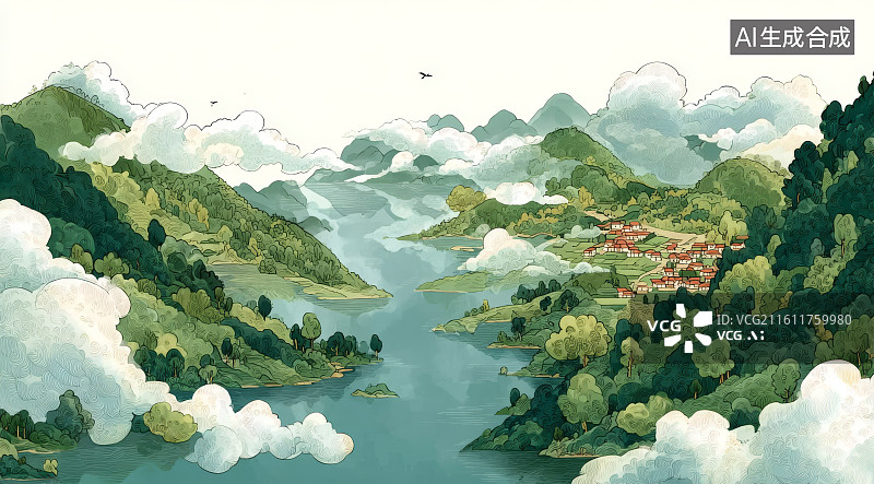 【AI数字艺术】新中式插画美丽乡村图片素材