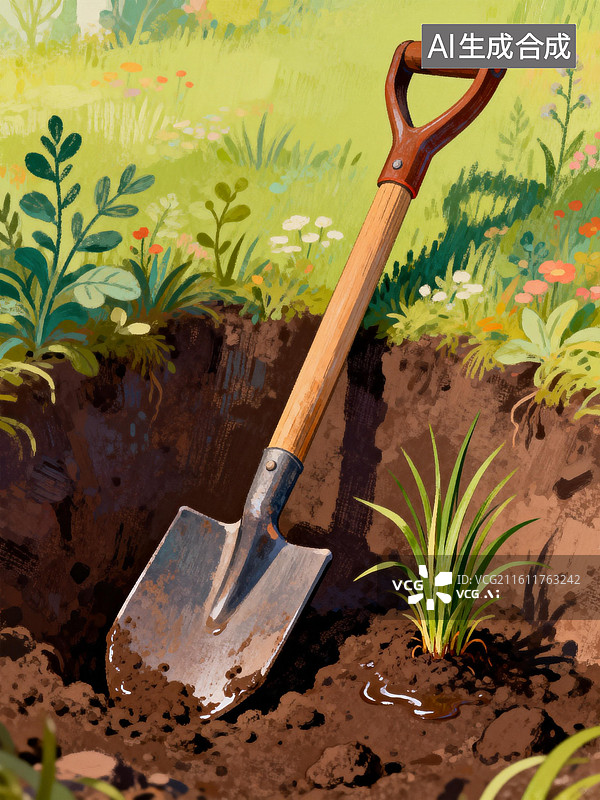【AI数字艺术】铁锹斜倚在土坑上 3月植树节插画图片素材