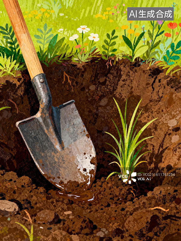【AI数字艺术】铁锹斜倚在土坑上 3月植树节插画图片素材