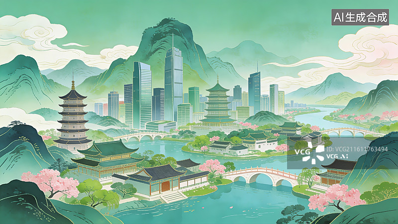 【AI数字艺术】山水城市融合景观图片素材