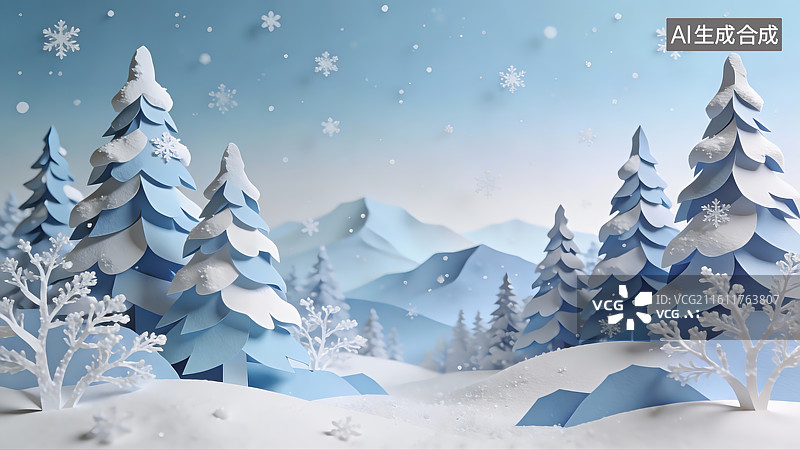 【AI数字艺术】雪景松林与远山图片素材