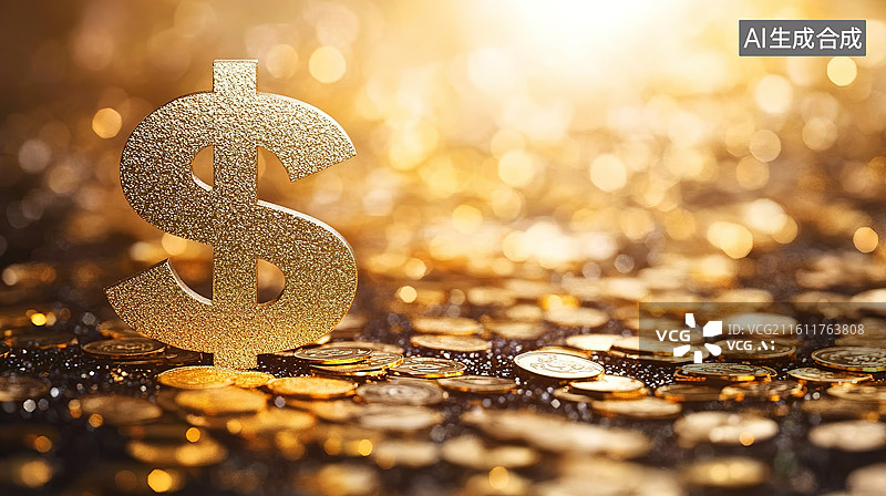 【AI数字艺术】金色的美元符号和许多金币金融背景图片素材