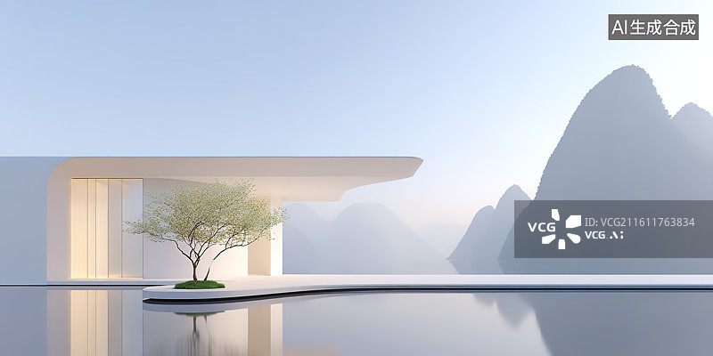 【AI数字艺术】极简中国风山水现代建筑室外人造空间图片素材