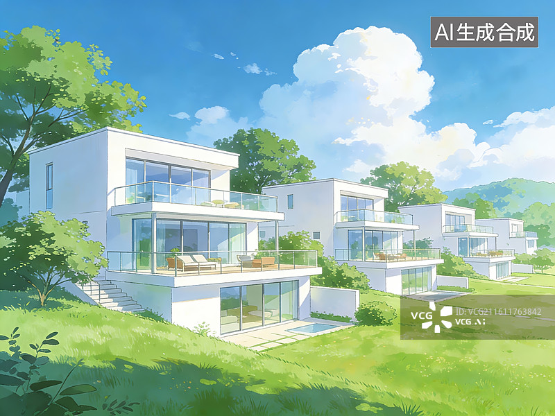 【AI数字艺术】现代住宅区绿意盎然图片素材