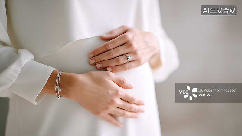 【AI数字艺术】穿着白色孕妇装的孕妇腹部特写图片素材