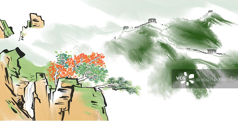 万里长城 旅游 山水 树 高山 风景 背景图片素材