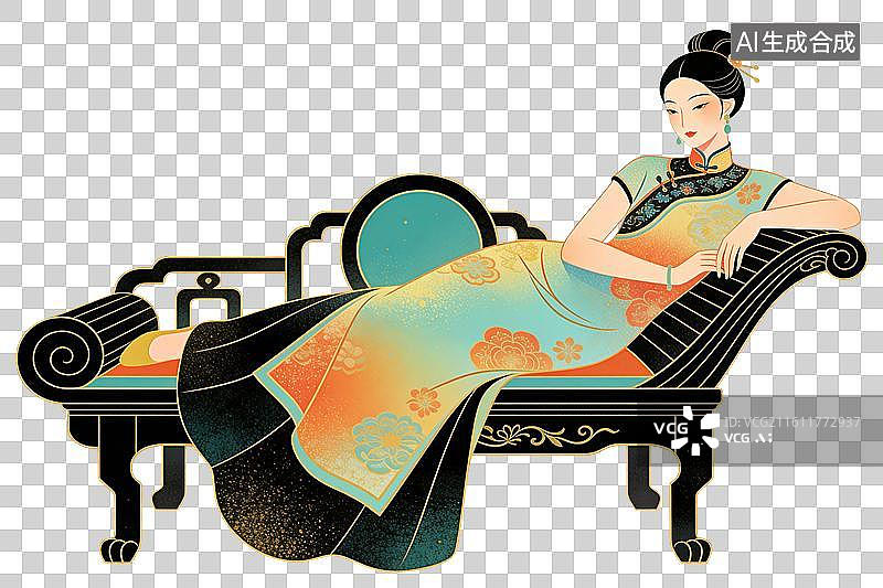 【AI数字艺术】躺在贵妃椅上的汉服女生插画图片素材