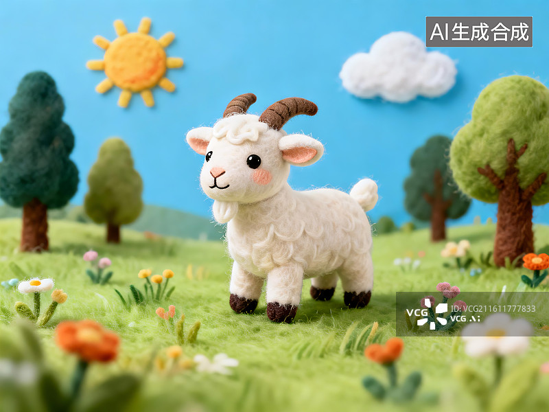 【AI数字艺术】可爱羊毛毡蓝天白云下的小山羊图片素材