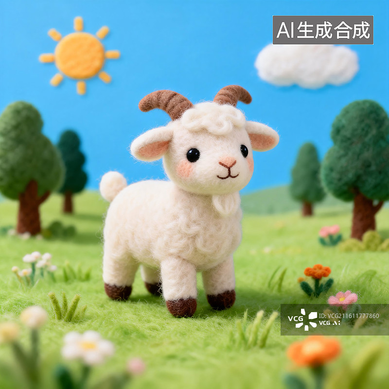 【AI数字艺术】可爱羊毛毡蓝天白云下的小山羊图片素材