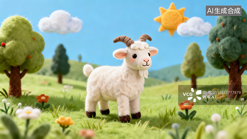 【AI数字艺术】可爱羊毛毡蓝天白云下的小山羊图片素材