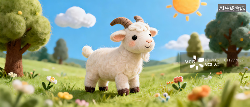 【AI数字艺术】可爱羊毛毡蓝天白云下的小山羊图片素材
