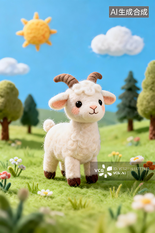 【AI数字艺术】可爱羊毛毡蓝天白云下的小山羊图片素材