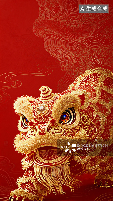 【AI数字艺术】新春插画壁纸喜庆中国风舞狮图片素材