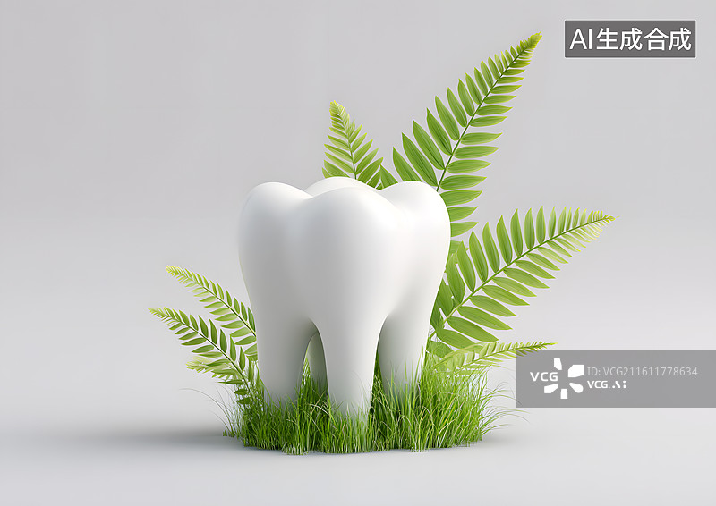 【AI数字艺术】绿叶背景上一颗洁白的牙齿图片素材