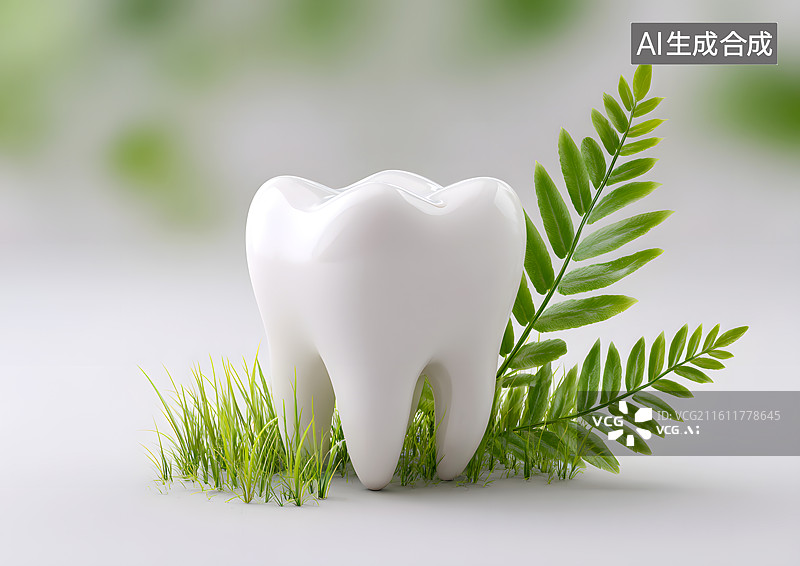 【AI数字艺术】绿叶背景上一颗洁白的牙齿图片素材