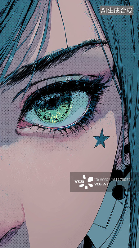 【AI数字艺术】动漫眼睛特写蓝底壁纸图片素材