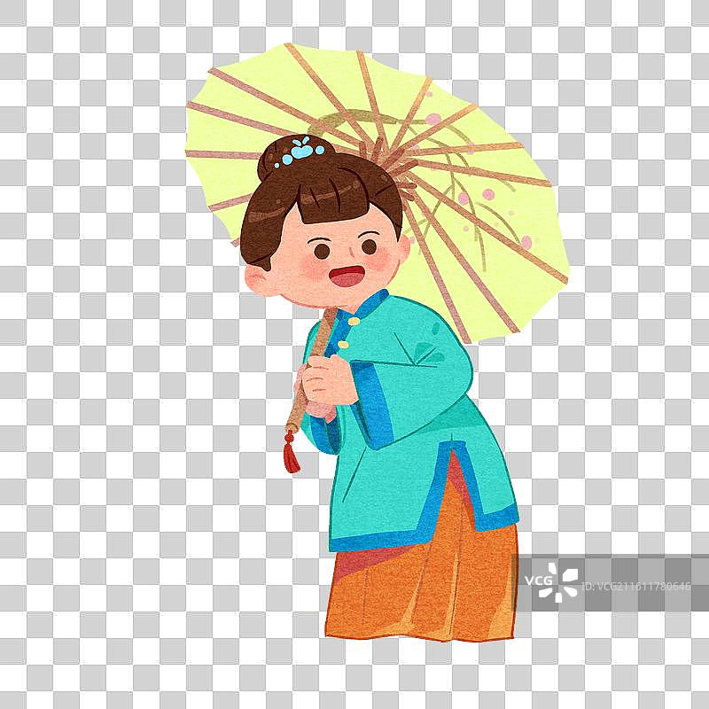 手绘卡通古风古装打伞人物元素图片素材