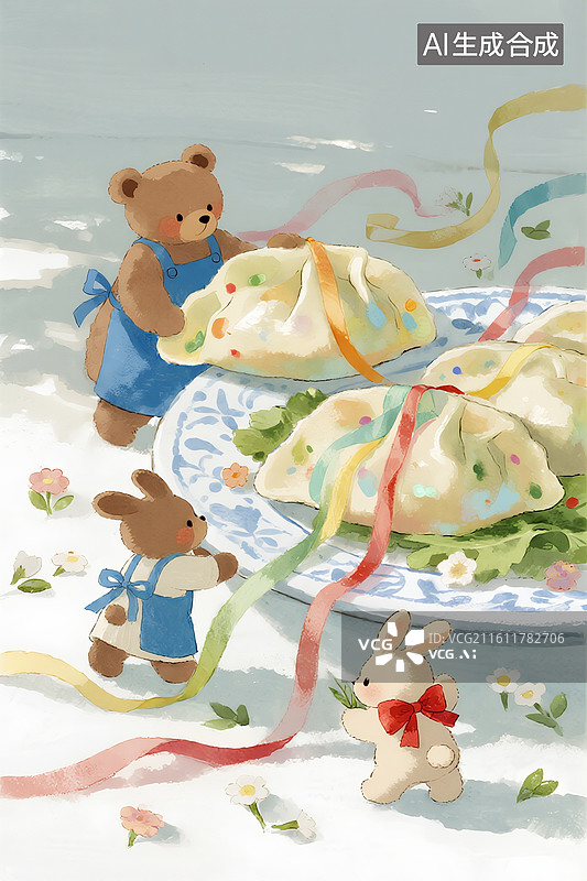 【AI数字艺术】可爱手绘幼儿园多巴胺蜡笔铅笔兔子和小熊搬运饺子水饺图片素材