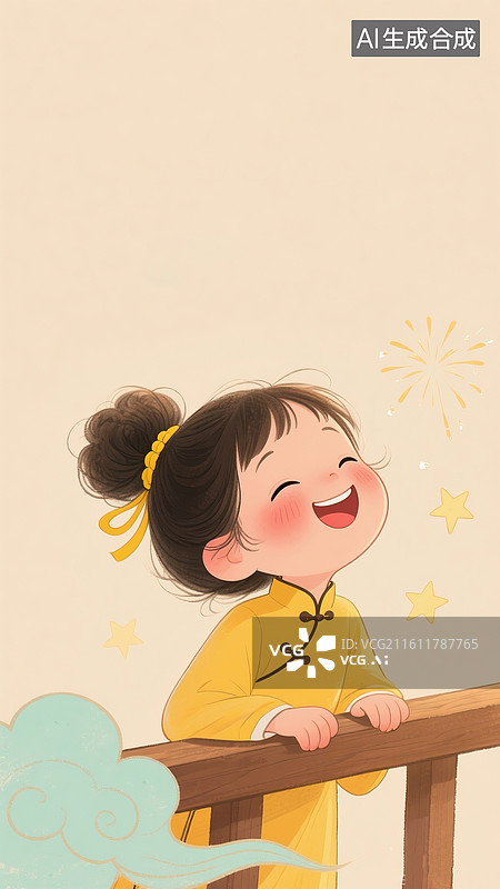 【AI数字艺术】国风卡通插画，梳着蓬松丸子头、黄色发圈的小女孩，明黄色宽松中式服饰，趴在栏杆上，双眼眯起咧嘴大笑图片素材