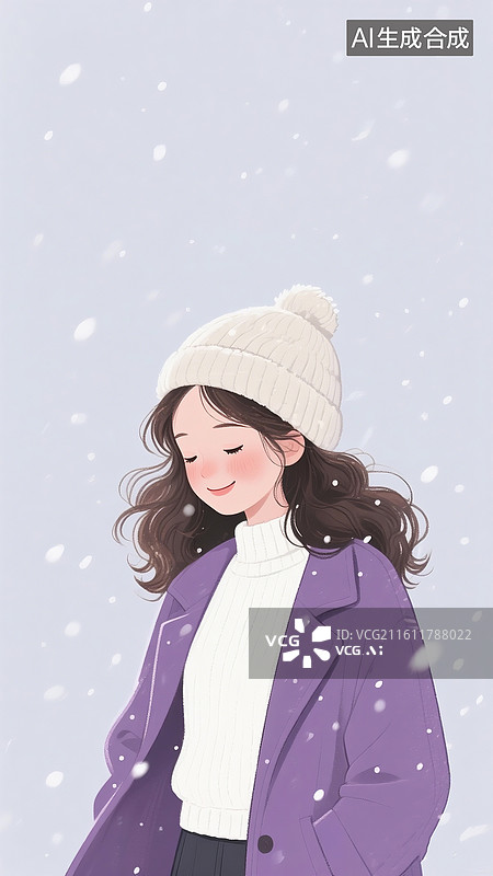 【AI数字艺术】壁纸插画，美女身穿紫色大衣，留着蓬松长发，头戴毛线帽子，正低头微笑，雪花纷纷飘落，冬日美好氛围图片素材