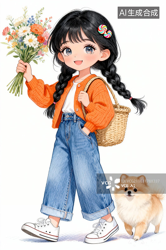 【AI数字艺术】治愈系手绘彩铅插画，甜美女黑色长发麻花辫，糖果发饰，穿着橘色针织外套，背着草编筐，手里举着一束花图片素材