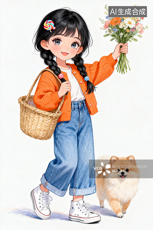 【AI数字艺术】治愈系手绘彩铅插画，甜美女黑色长发麻花辫，糖果发饰，穿着橘色针织外套，背着草编筐，手里举着一束花图片素材