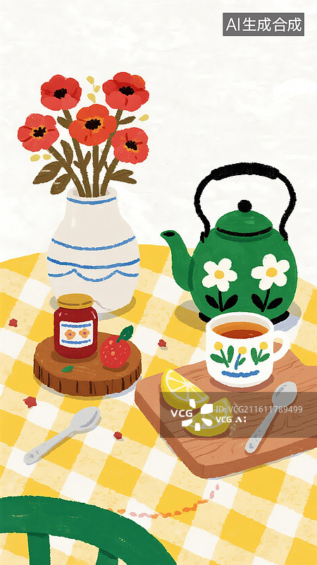 【AI数字艺术】治愈系插画，涂鸦风格，温馨生活场景，铺着黄色格纹桌布的桌子上，摆放着花瓶，水壶，茶杯，果酱，柠檬图片素材
