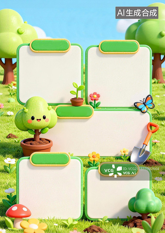 【AI数字艺术】3D卡通学生手抄报植树节A4背景模版图片素材