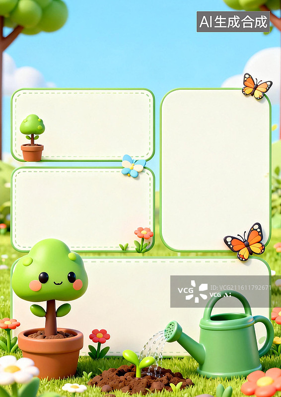 【AI数字艺术】3D卡通学生手抄报植树节A4背景模版图片素材