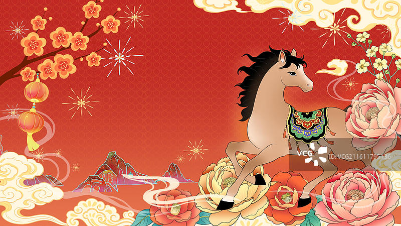 马年春节海报花与骏马图片素材