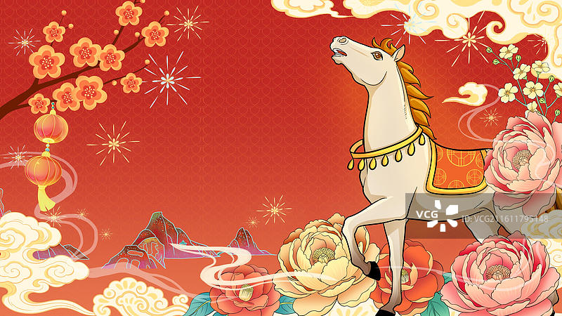 马年春节海报花与骏马图片素材