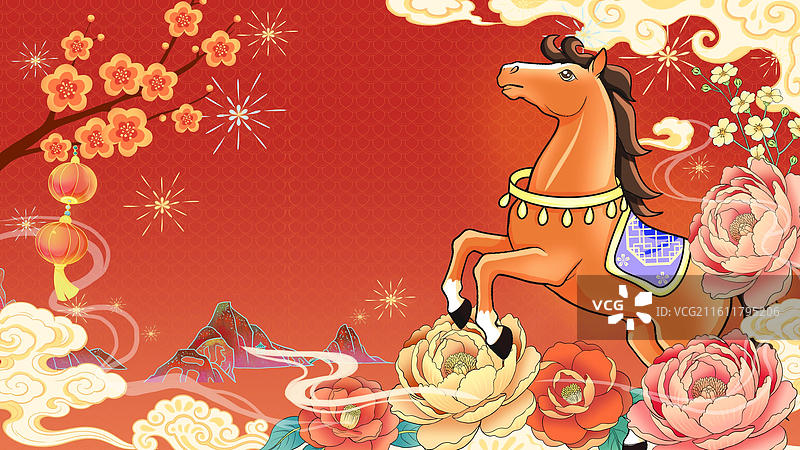 马年春节海报花与骏马图片素材
