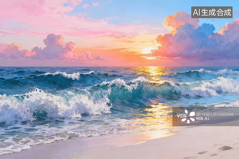 【AI数字艺术】海滩日落海浪美景图片素材