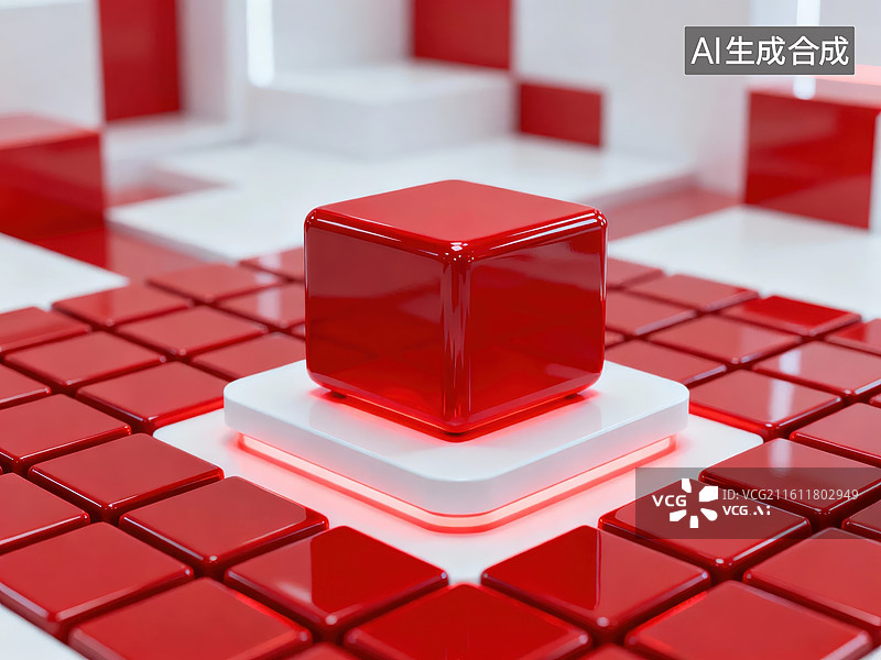 【AI数字艺术】红色立方体置于白色平台图片素材