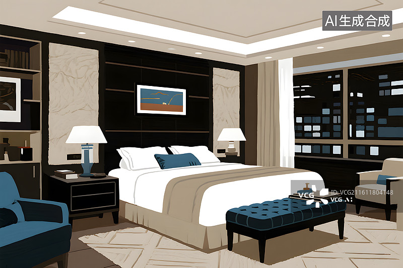 【AI数字艺术】现代简约酒店卧室图片素材